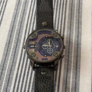 Black Leather Strap Watch with Blue Dial